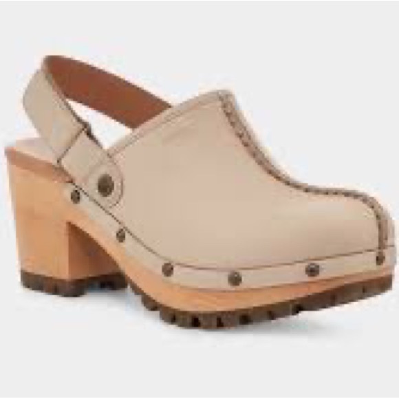 UGG Shoes - NEW UGG Womens Australia Lanni Beige Slingback Clog Wood Heel Leather Size 10